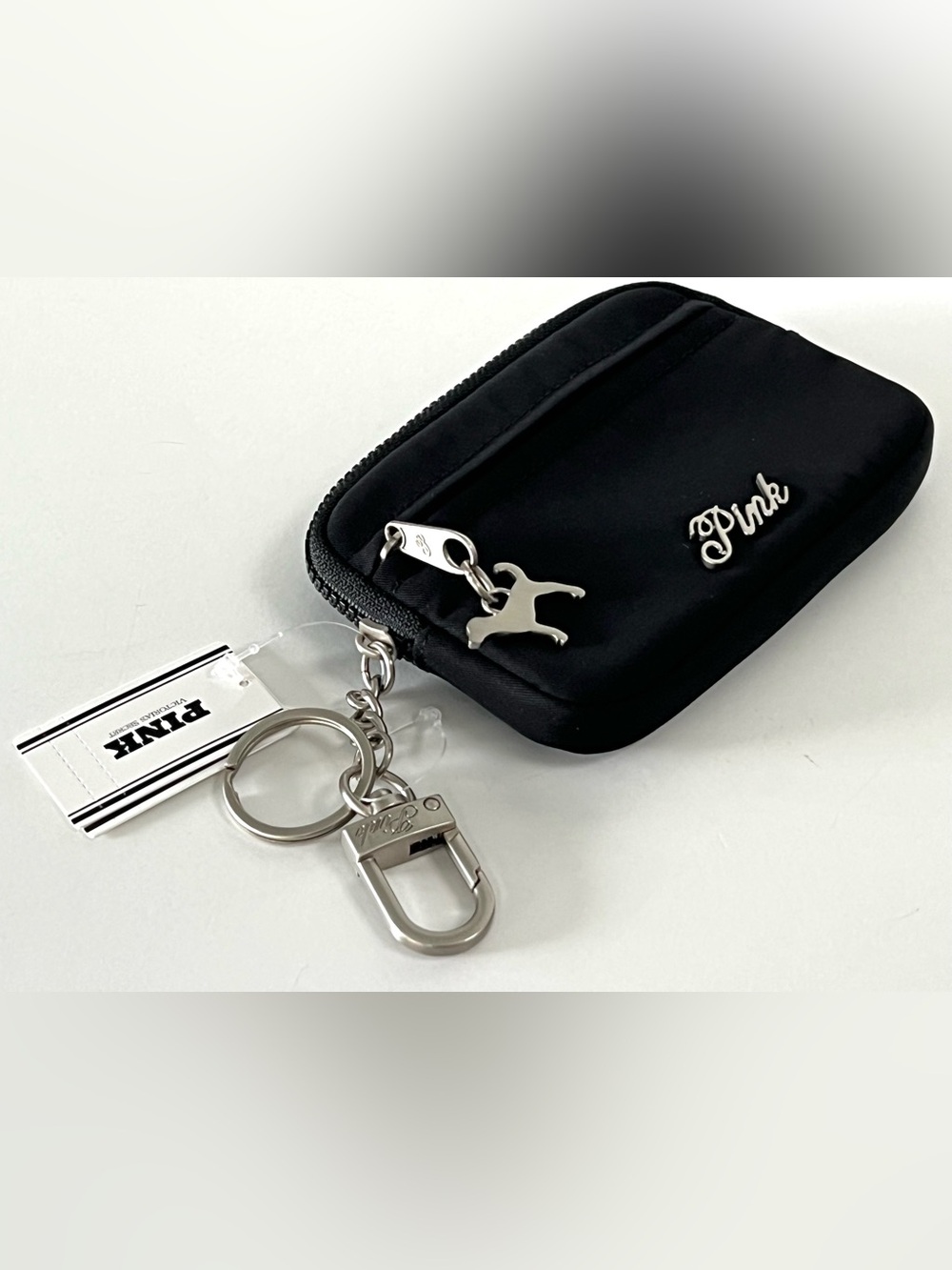 PINK Victoria’s Secret Black Nylon Zip Wallet Card Holder Key Chain NWT